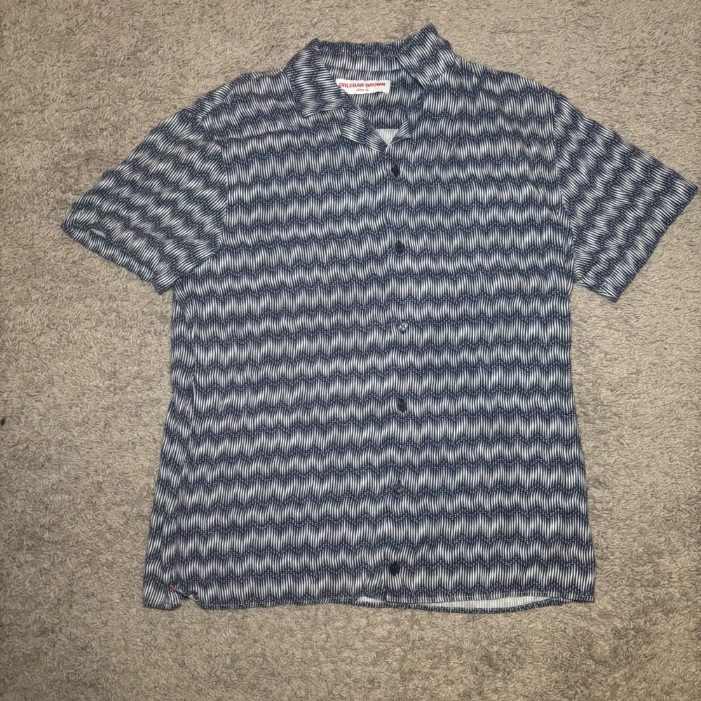 Orlebar Brown Travis Chevron Shirt XL Navy White Linen Viscose Blend Camp Collar